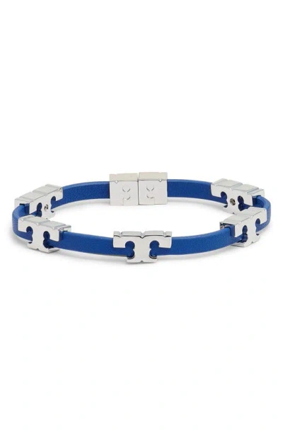 Tory Burch Serif-t Leather Bracelet In Tory Silver/nautical
