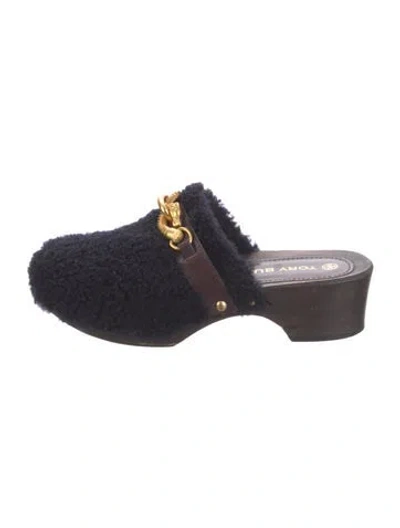 Pre-owned Tory Burch Shearling Chain-link Accents Mules In Black