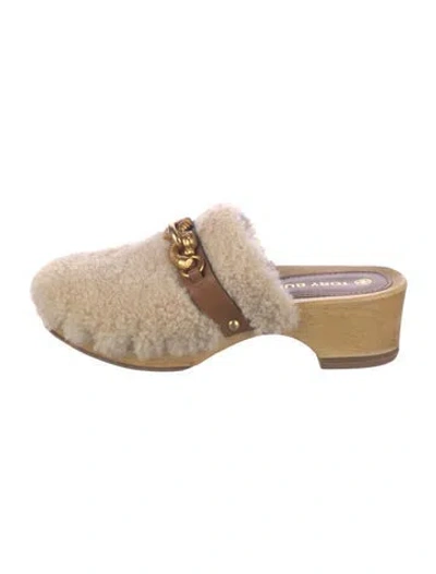 Pre-owned Tory Burch Shearling Colorblock Pattern Mules In Neutral