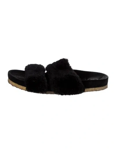 Pre-owned Tory Burch Shearling Colorblock Pattern Slides In Black