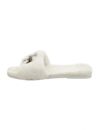 Pre-owned Tory Burch Shearling Crystal Embellishments Slides In Neutrals