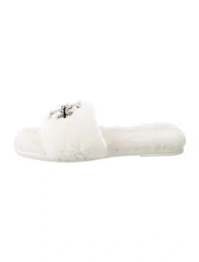 Pre-owned Tory Burch Shearling Crystal Embellishments Slides In White