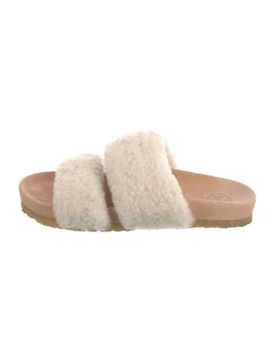 Pre-owned Tory Burch Shearling Fur Trim Slides In Neutrals