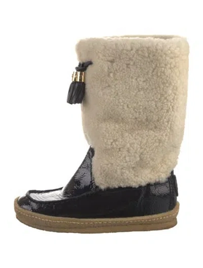 Pre-owned Tory Burch Shearling Plaid Print Lace-up Boots In Neutral