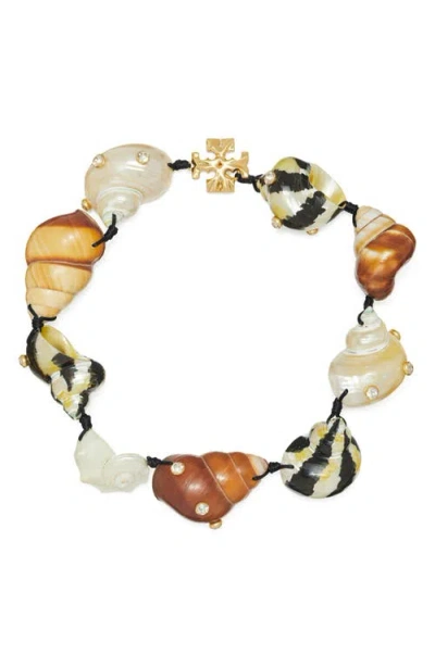 Tory Burch Shell Statement Necklace In Rolled Light Brass/multi