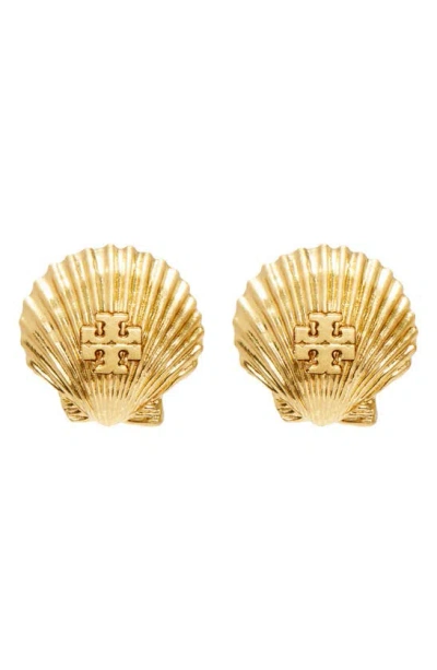 Tory Burch Shell Stud Earrings In Rolled Light Brass