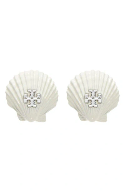 Tory Burch Shell Stud Earrings In Tory Silver / Ivory
