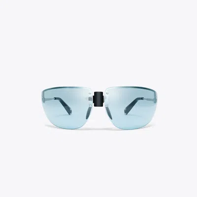 Tory Burch Runway Sunglasses In Shiny Silver/light Blue