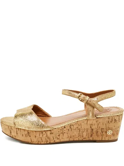 Pre-owned Tory Burch Shimmer-suede Wedge Sandals In Gold