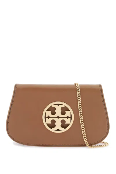 Tory Burch Shiny Grained Leather Reva Clutch With Metal Double-t Monogram In Brown