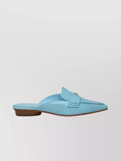Tory Burch Shiny Leather Square Toe Sabots In Blue