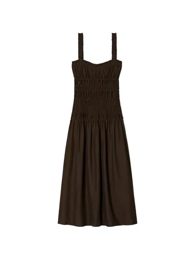 Tory Burch Shirred A-line Midi Dress In Brown
