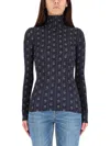 Tory Burch Turtleneck Long Sleeve Fitted Patterned Top In Blue