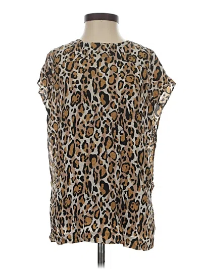 Pre-owned Tory Burch Short Sleeve Silk Top Brown Animal Print Pattern Cowl Neck Tops