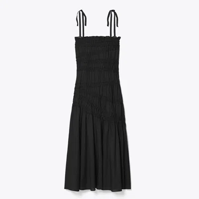Tory Burch Shoulder Tie Smocked Cotton Dress In Black