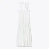 Tory Burch Shoulder Tie Smocked Cotton Dress In White