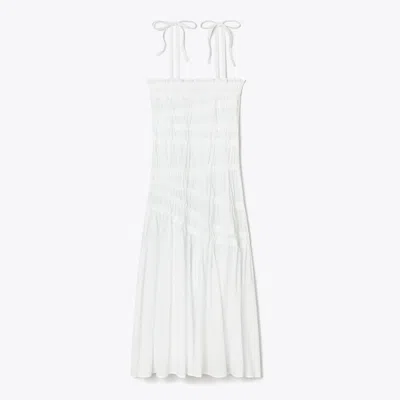 Tory Burch Shoulder Tie Smocked Cotton Dress In White