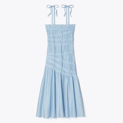 Tory Burch Shoulder Tie Smocked Viscose Dress In Light Blue Sky