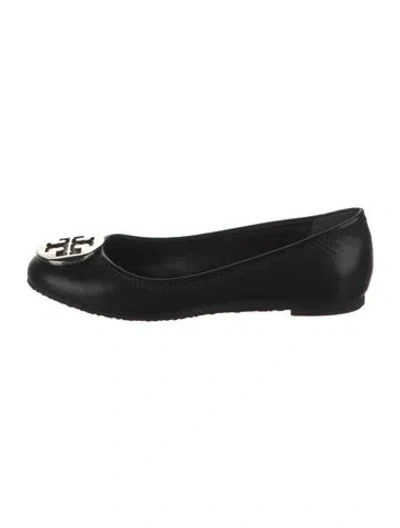 Pre-owned Tory Burch Signature Logo Leather Ballet Flats In Black