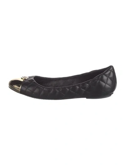 Pre-owned Tory Burch Signature Logo Leather Ballet Flats In Black/metallic