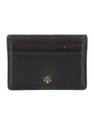 Pre-owned Tory Burch Signature Logo Leather Card Holder In Black