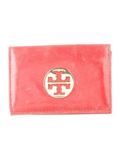 Pre-owned Tory Burch Signature Logo Leather Card Holder In Red