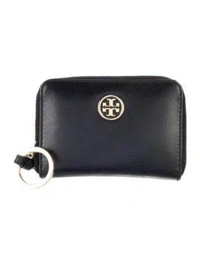 Pre-owned Tory Burch Signature Logo Leather Compact Wallet In Black