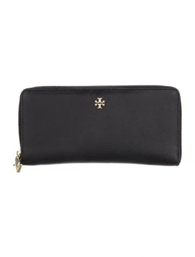 Pre-owned Tory Burch Signature Logo Leather Continental Wallet In Black