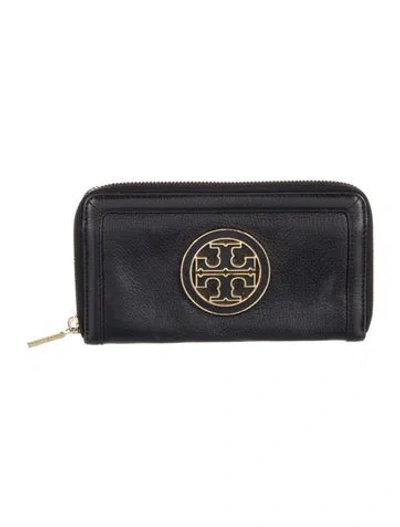 Pre-owned Tory Burch Signature Logo Leather Continental Wallet In Black