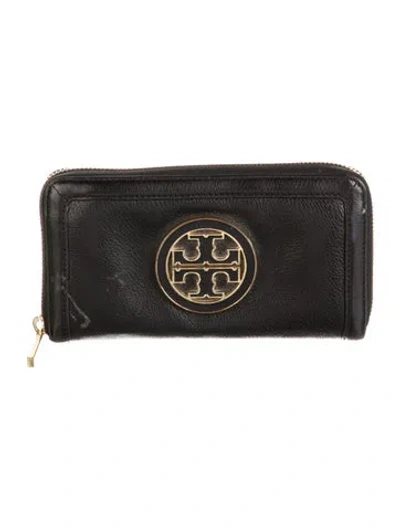 Pre-owned Tory Burch Signature Logo Leather Continental Wallet In Black
