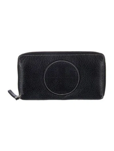 Pre-owned Tory Burch Signature Logo Leather Continental Wallet In Black