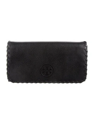 Pre-owned Tory Burch Signature Logo Leather Continental Wallet In Black