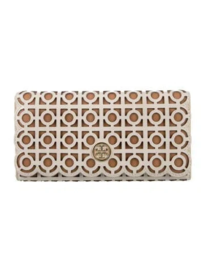 Pre-owned Tory Burch Signature Logo Leather Continental Wallet In Neutrals