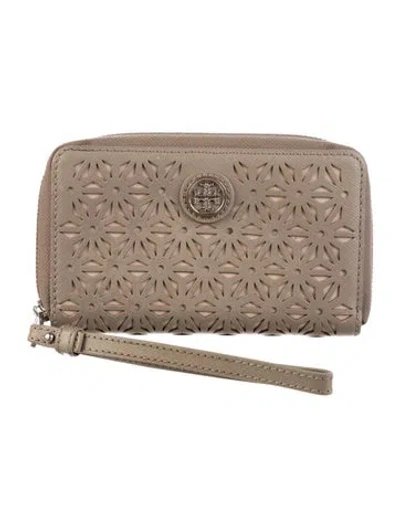 Pre-owned Tory Burch Signature Logo Leather Continental Wallet In Neutrals