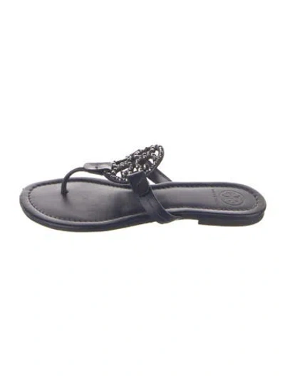 Pre-owned Tory Burch Signature Logo Leather Flip Flops In Black