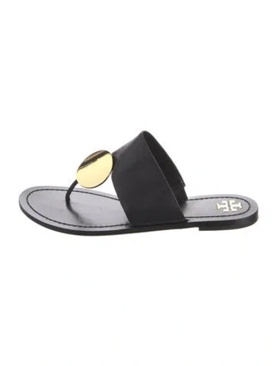 Pre-owned Tory Burch Signature Logo Leather Flip Flops In Black/gold