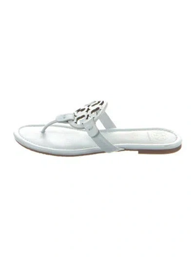 Pre-owned Tory Burch Signature Logo Leather Flip Flops In Blue