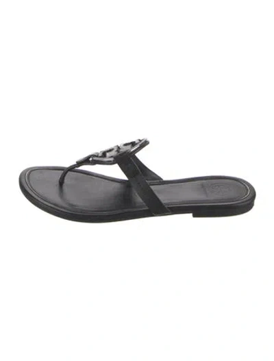 Pre-owned Tory Burch Signature Logo Leather Flip Flops In Blue