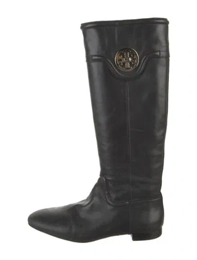 Pre-owned Tory Burch Signature Logo Leather Riding Boots In Black