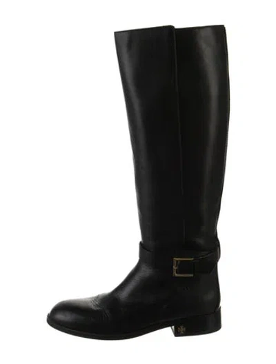 Pre-owned Tory Burch Signature Logo Leather Riding Boots In Black