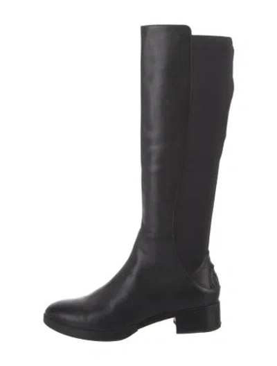 Pre-owned Tory Burch Signature Logo Leather Riding Boots In Black