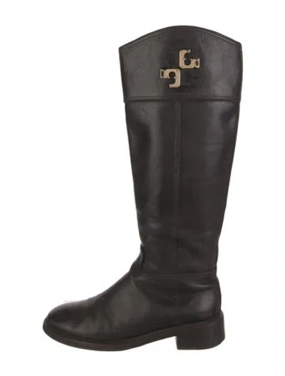 Pre-owned Tory Burch Signature Logo Leather Riding Boots In Brown