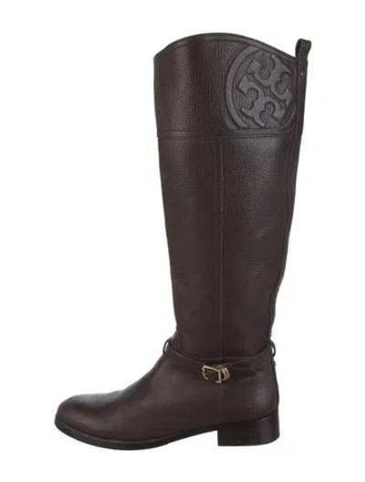 Pre-owned Tory Burch Signature Logo Leather Riding Boots In Brown