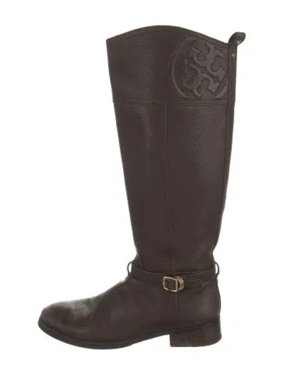 Pre-owned Tory Burch Signature Logo Leather Riding Boots In Brown