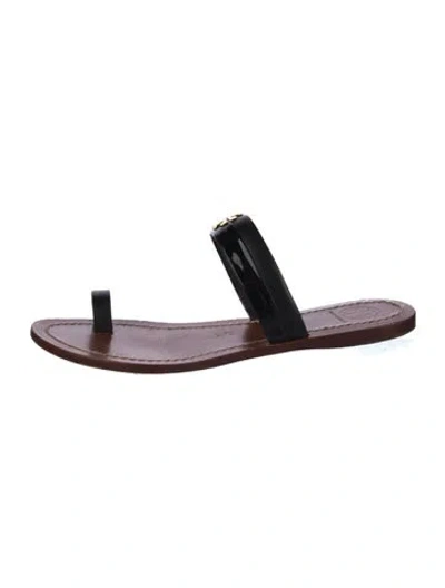Pre-owned Tory Burch Signature Logo Leather Slides In Black