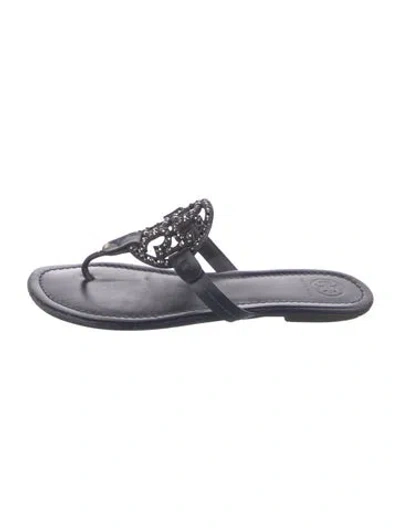 Pre-owned Tory Burch Signature Logo Leather Slides In Black