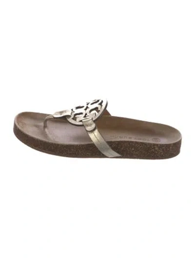 Pre-owned Tory Burch Signature Logo Leather Slides In Neutral