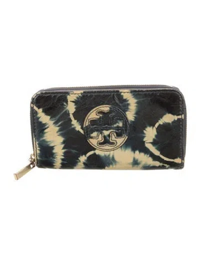 Pre-owned Tory Burch Signature Logo Leather Wallet In Blue