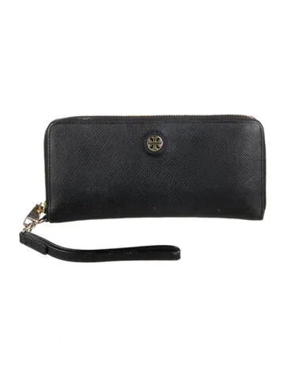 Pre-owned Tory Burch Signature Logo Leather Wristlet In Black
