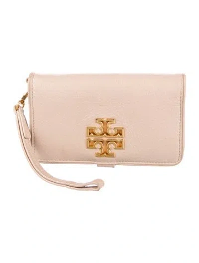Pre-owned Tory Burch Signature Logo Leather Wristlet In Neutral